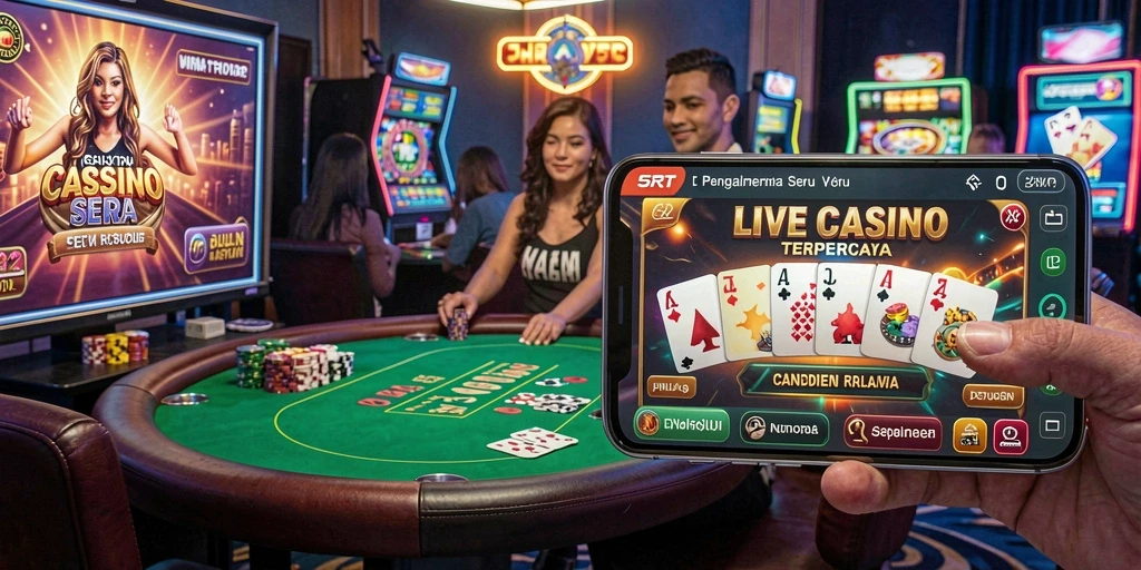 Screenshot gameplay menunjukkan dealer live dan pemain yang berinteraksi.